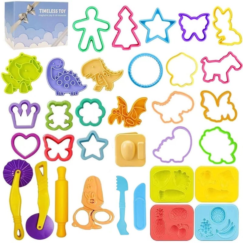 Jaeespon Dough Play Tools for Kids-Dough Accessories Molds Dinosaur Fruit Roller Cutter Scissor and Storage Box  Party Favors Set for Age 2-8 - Image 1